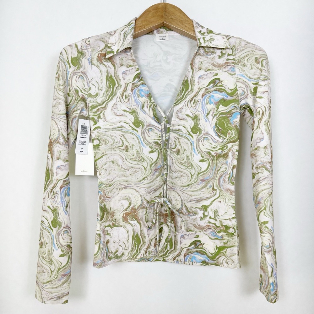 NWT Aritzia Wilfred Dynasty Long Sleeve Top with Lace Up Size Small - Picture 2 of 12